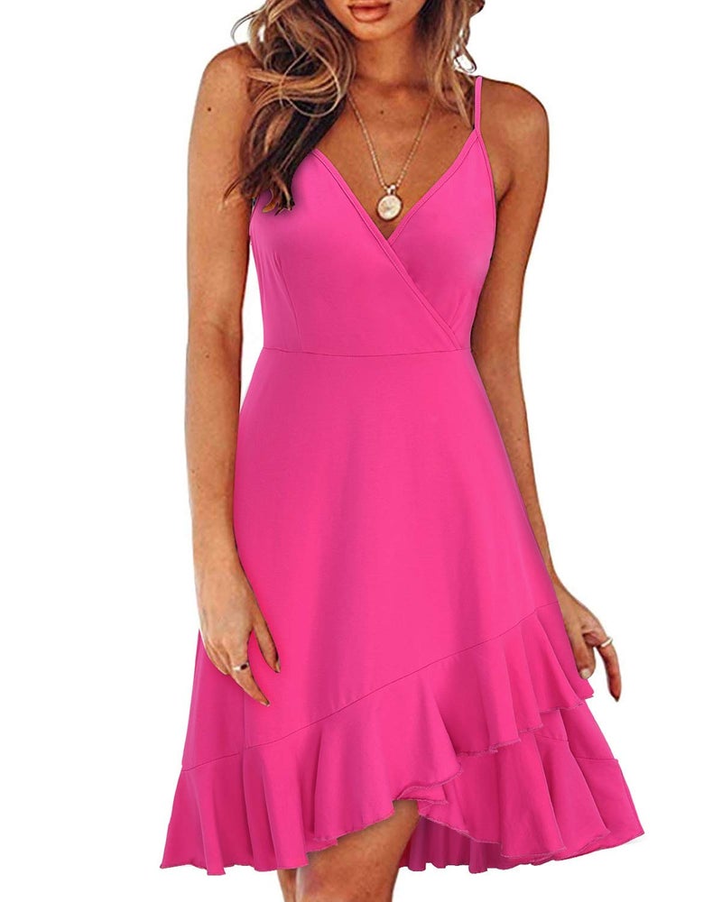 ULTRANICE Summer Pink Dress Womens Spring 2025 Trendy Casual Wrap Flowy V-Neck Adjustable Spaghetti Girls Ladies Outfits Clothes Wedding Guest Semi Formal Date Party Midi Sun Dresses(Rose,L) - Image 1